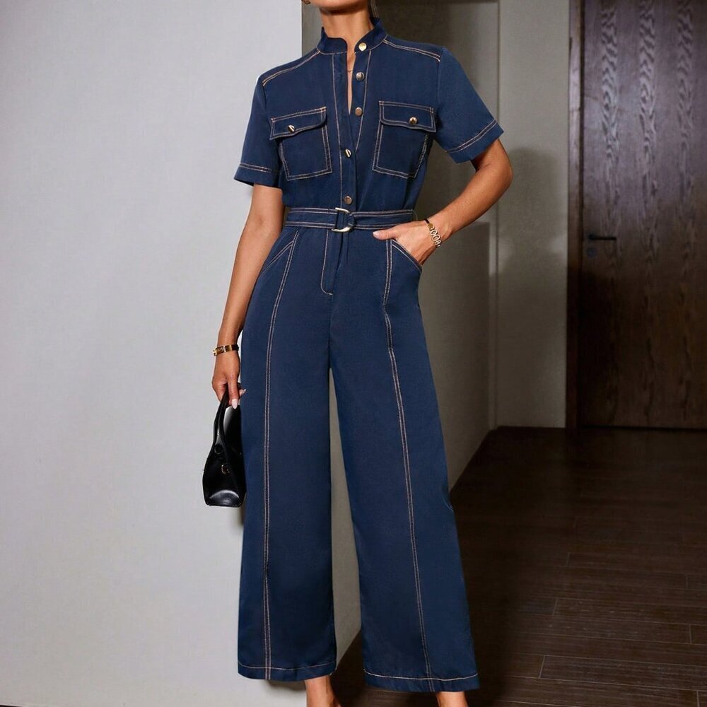 Blue Urban Casual Women's Contrast Old Money Wide Leg Jumpsuit